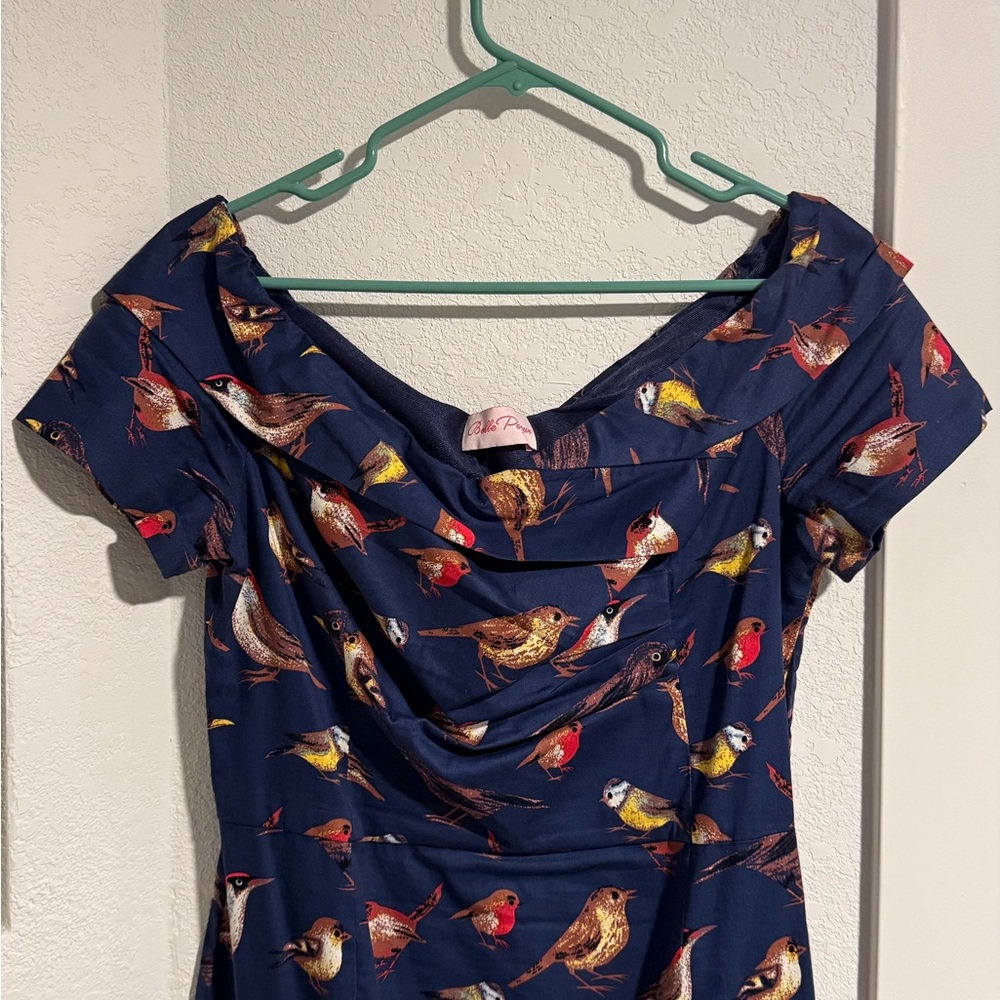 Vintage Off Shoulder Bird Print Dress
